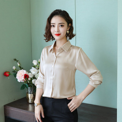 Elegantna proljetna jesen satenska svilena košulja dugih rukava ženska bluza, modna modna ženska radna košulja svijetle boje na rever, ležerna