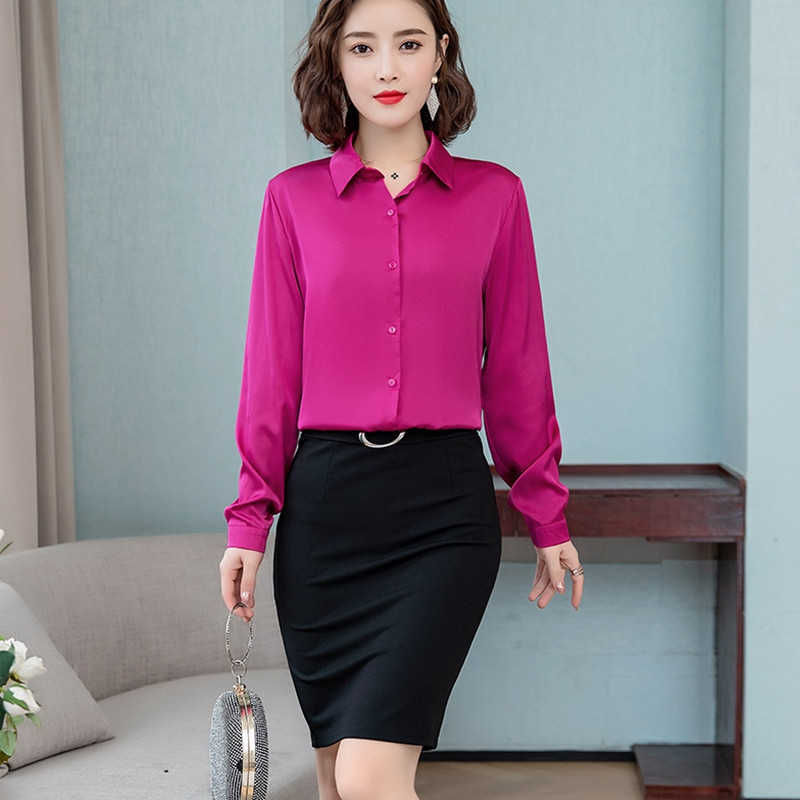 Elegantna proljetna jesen satenska svilena košulja dugih rukava ženska bluza, modna modna ženska radna košulja svijetle boje na rever, ležerna