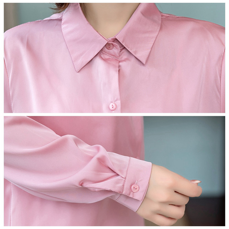 Elegantna proljetna jesen satenska svilena košulja dugih rukava ženska bluza, modna modna ženska radna košulja svijetle boje na rever, ležerna