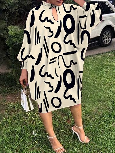 Plus Size 2023 Φθινόπωρο Νέο Γυναικείο Φόρεμα με ακανόνιστο μοτίβο μεσαίου μήκους Φόρεμα με φούσκα μανίκι από πολυεστέρα πουλόβερ μίντι φορέματα