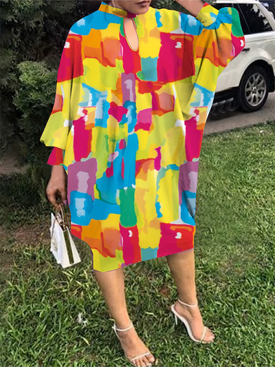 Plus Size 2023 Φθινόπωρο Νέο Γυναικείο Φόρεμα με ακανόνιστο μοτίβο μεσαίου μήκους Φόρεμα με φούσκα μανίκι από πολυεστέρα πουλόβερ μίντι φορέματα