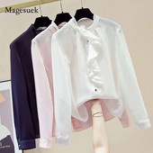 Jesenska, elegantna, čipkana, stojeća kragna, ukrasna bluza dugih rukava, ženska elegantna jednobojna kardigan košulja od šifona Blusas Mujer 11162