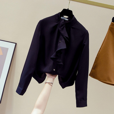 Jesenska, elegantna, čipkana, stojeća kragna, ukrasna bluza dugih rukava, ženska elegantna jednobojna kardigan košulja od šifona Blusas Mujer 11162