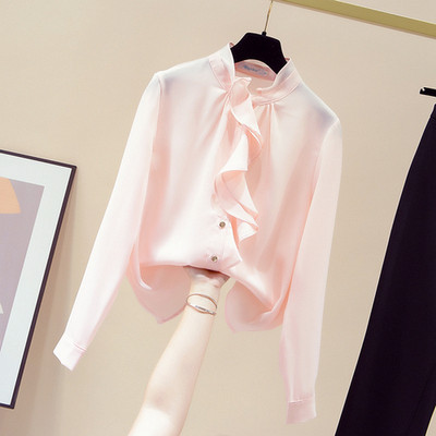 Jesenska, elegantna, čipkana, stojeća kragna, ukrasna bluza dugih rukava, ženska elegantna jednobojna kardigan košulja od šifona Blusas Mujer 11162