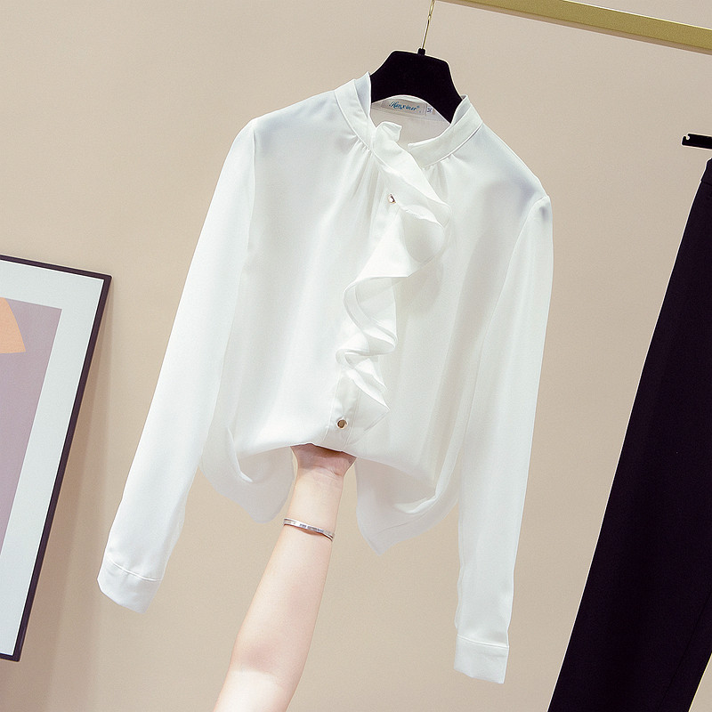 Jesenska, elegantna, čipkana, stojeća kragna, ukrasna bluza dugih rukava, ženska elegantna jednobojna kardigan košulja od šifona Blusas Mujer 11162