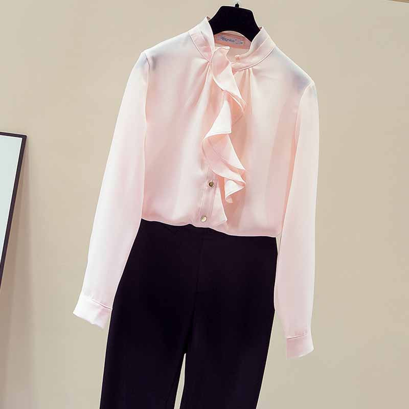 Jesenska, elegantna, čipkana, stojeća kragna, ukrasna bluza dugih rukava, ženska elegantna jednobojna kardigan košulja od šifona Blusas Mujer 11162