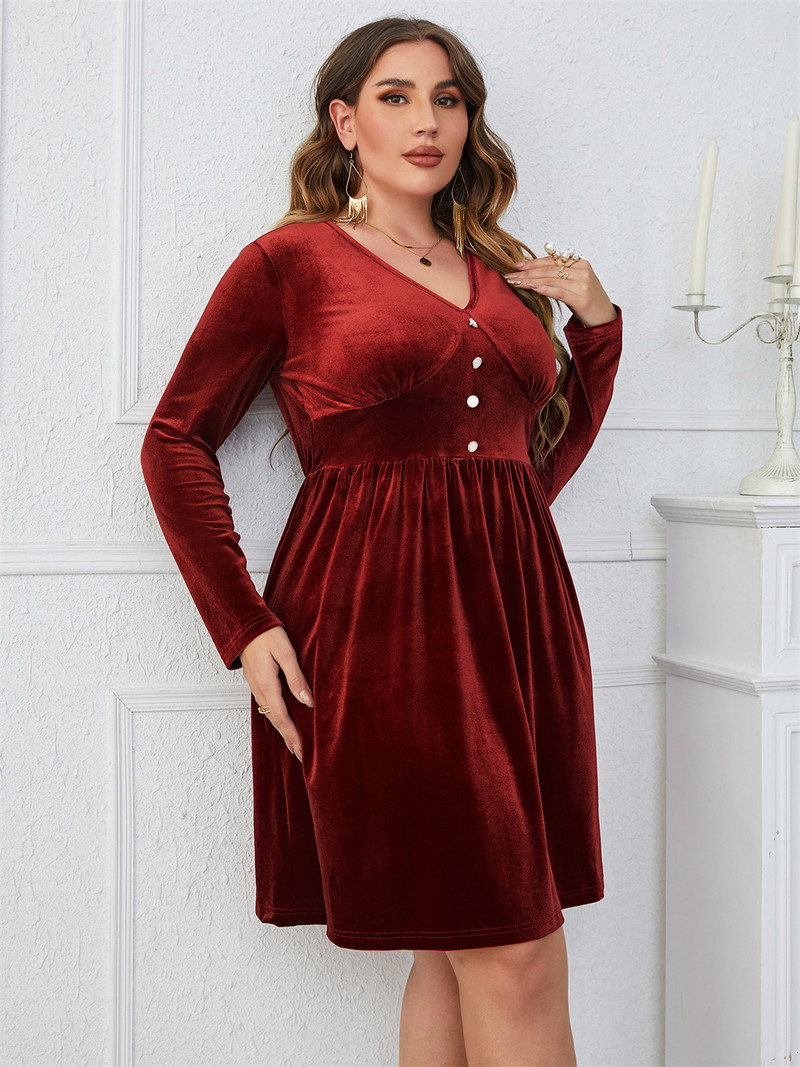 Jesenska haljina veće veličine za žene, zima 2023., od samta s V-izrezom, dugih rukava, elegantne midi haljine A-kroja, luksuzna odjeća na gumbe
