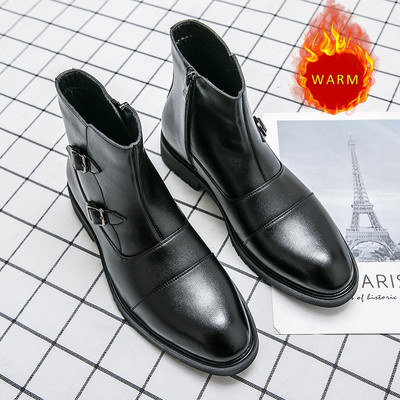 Piros hasított bőr férfi csizma vastag talpú bokacsizma őszi és téli polár hócsizma férfi alkalmi brogues férfi alkalmi