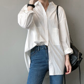 Topuri și bluze pentru femei Cămașă albă Bluse Roupa Feminina Bluze din bumbac de toamnă pentru femei, guler răsturnat, culoare pură