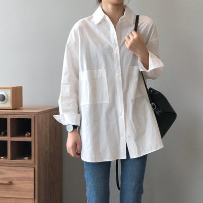 Topuri și bluze pentru femei Cămașă albă Bluse Roupa Feminina Bluze din bumbac de toamnă pentru femei, guler răsturnat, culoare pură