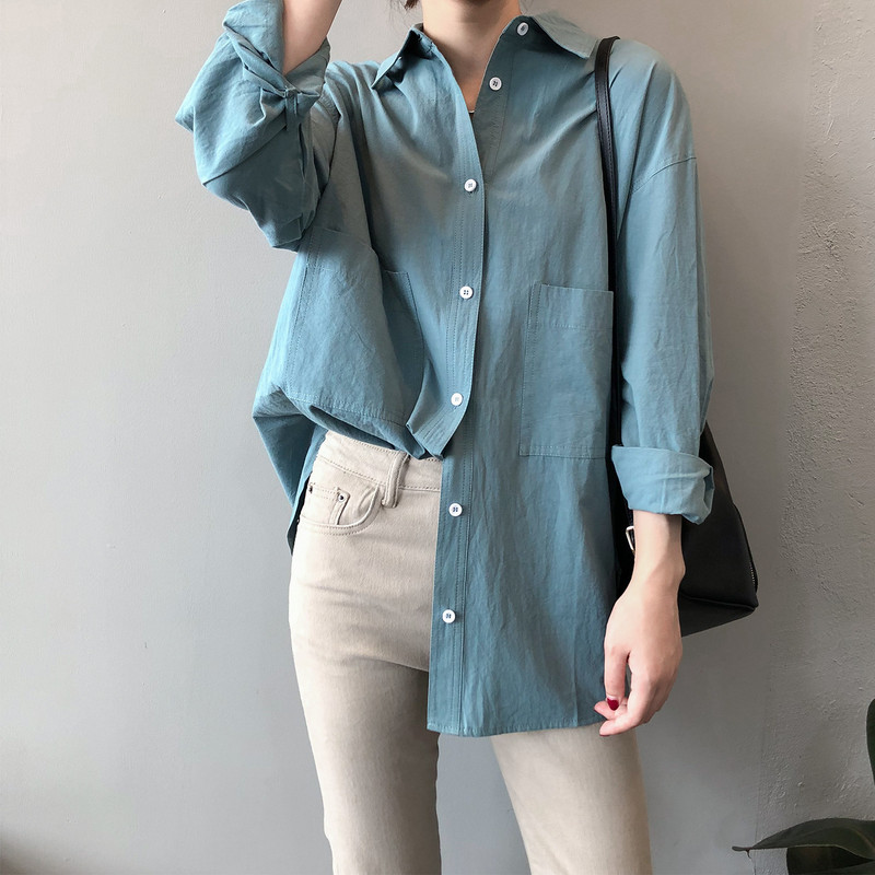 Topuri și bluze pentru femei Cămașă albă Bluse Roupa Feminina Bluze din bumbac de toamnă pentru femei, guler răsturnat, culoare pură