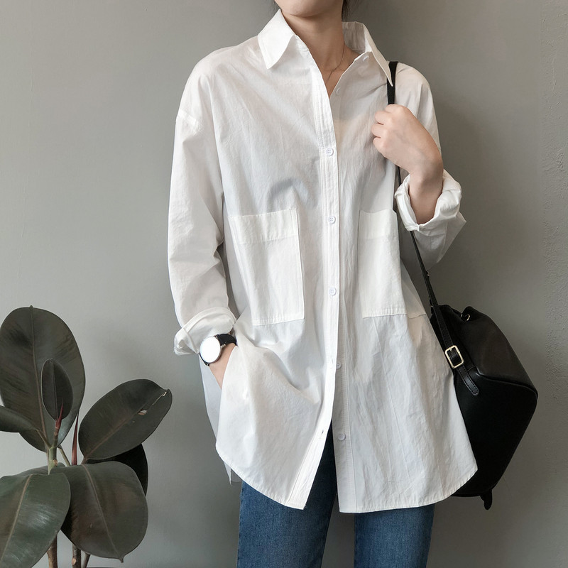 Topuri și bluze pentru femei Cămașă albă Bluse Roupa Feminina Bluze din bumbac de toamnă pentru femei, guler răsturnat, culoare pură