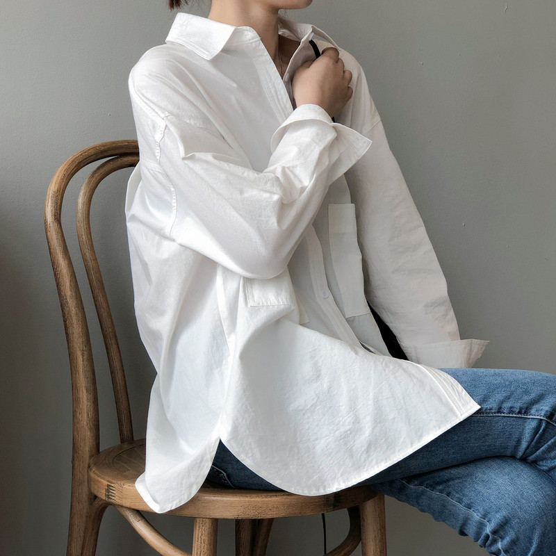 Topuri și bluze pentru femei Cămașă albă Bluse Roupa Feminina Bluze din bumbac de toamnă pentru femei, guler răsturnat, culoare pură