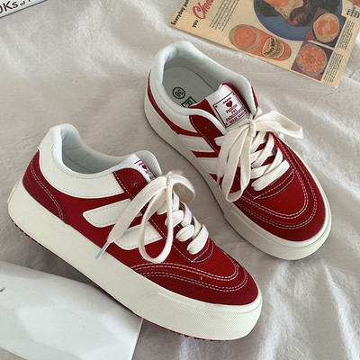 Červené dámske vulkanizované topánky, ležérne tenisky na platforme, vintage športové dámske kórejské dizajnérske balerínky Harajuku, školské tenisky