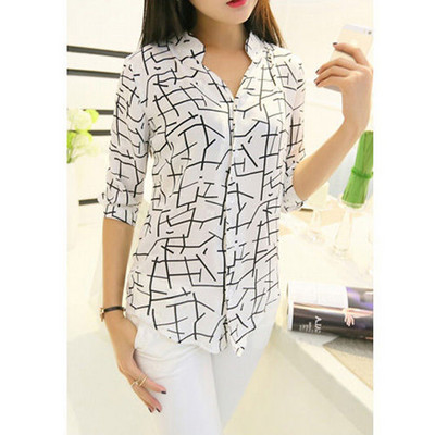 Žene, dame, elegantni geometrijski print, labave ljetne hladne šifonske bluze s dugim rukavima, ležerna košulja S-XL