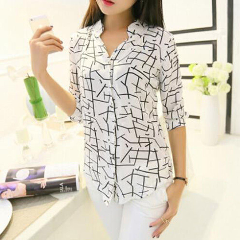 Žene, dame, elegantni geometrijski print, labave ljetne hladne šifonske bluze s dugim rukavima, ležerna košulja S-XL