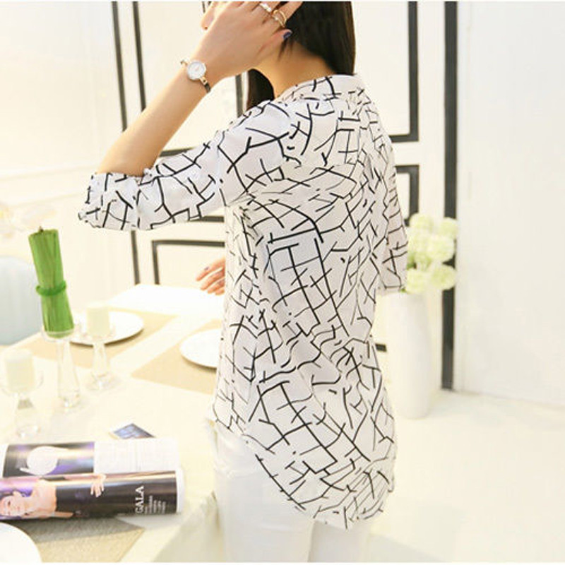 Žene, dame, elegantni geometrijski print, labave ljetne hladne šifonske bluze s dugim rukavima, ležerna košulja S-XL