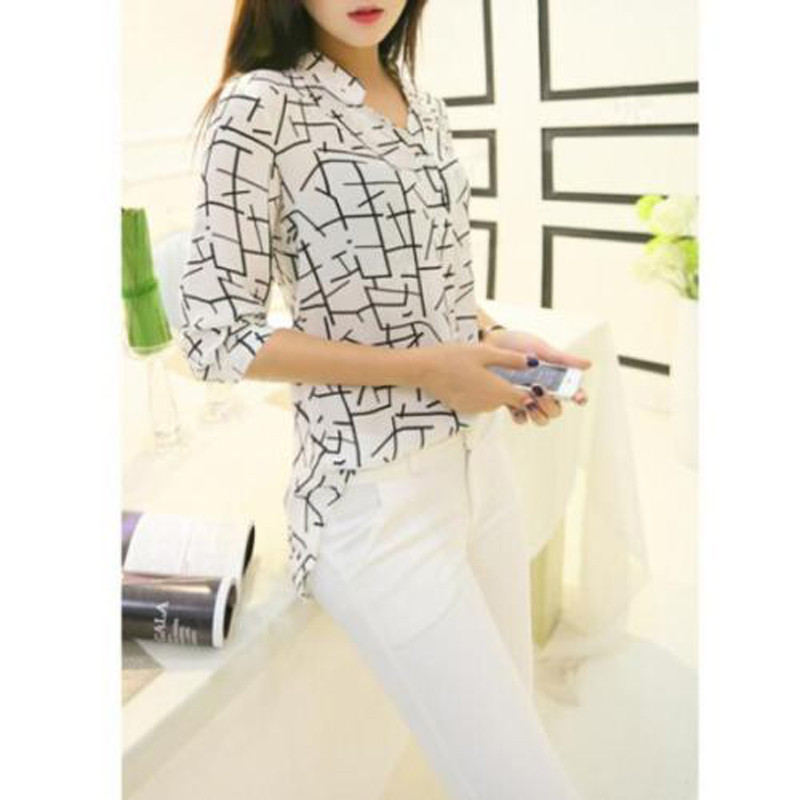 Žene, dame, elegantni geometrijski print, labave ljetne hladne šifonske bluze s dugim rukavima, ležerna košulja S-XL