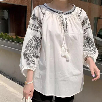 Sieviešu vasaras etniskie vintage Meksikas Boho stila O-veida kakla laternas piedurknes, vaļīgas izšuvumi, mežģīņu blūzes krekls, sieviešu topi