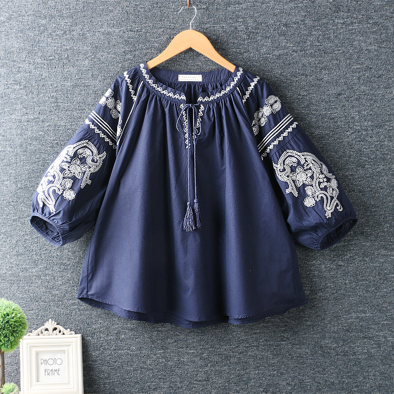 Sieviešu vasaras etniskie vintage Meksikas Boho stila O-veida kakla laternas piedurknes, vaļīgas izšuvumi, mežģīņu blūzes krekls, sieviešu topi