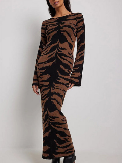 Ljetna ženska prugasta pletena maksi haljina, elegantna haljina s širokim O-izrezom i dugim rukavima, ženska modna ulična haljina za zabave