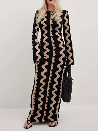 Ljetna ženska prugasta pletena maksi haljina, elegantna haljina s širokim O-izrezom i dugim rukavima, ženska modna ulična haljina za zabave