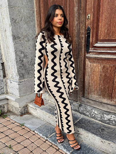 Ljetna ženska prugasta pletena maksi haljina, elegantna haljina s širokim O-izrezom i dugim rukavima, ženska modna ulična haljina za zabave