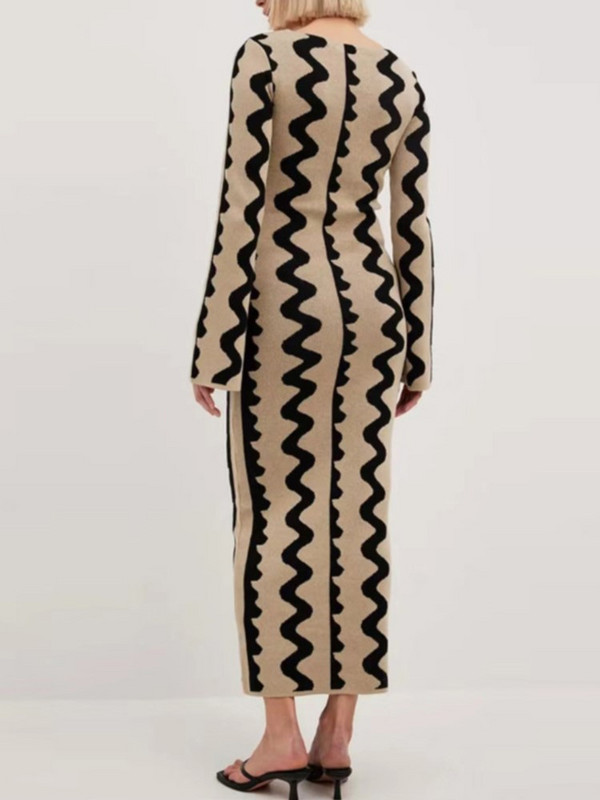 Ljetna ženska prugasta pletena maksi haljina, elegantna haljina s širokim O-izrezom i dugim rukavima, ženska modna ulična haljina za zabave