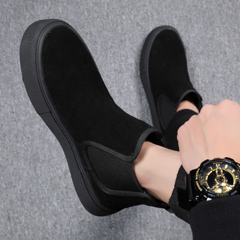 Мъжки модни ботуши челси в корейски стил, обувки с равни обувки от велурена кожа, каубойски ботуши на платформа, черна тенденция, красиви мъжки боти до глезена