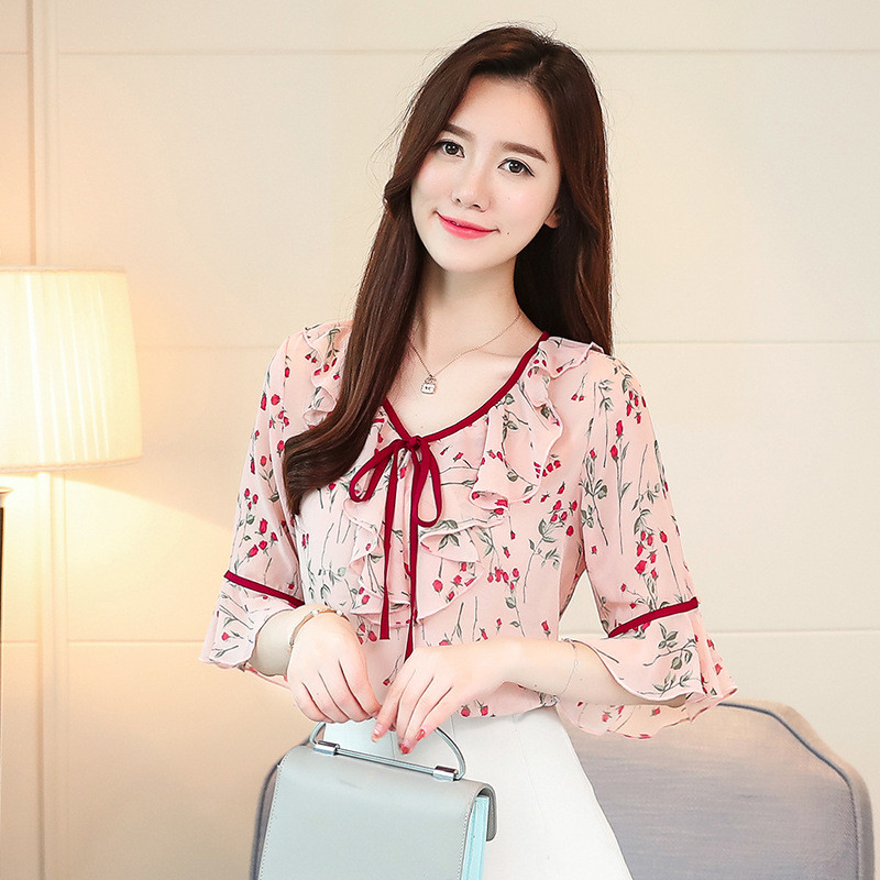 Nova ljetna košulja od šifona, ženska majica s V-izrezom, polurukavima, bluza, uredska dama, ležerna modna majica s mašnama H9085