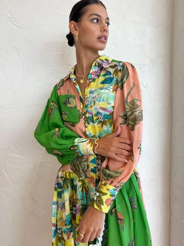 Polo kakla apdruka Vintage gara kleita princesei piedurknēm, mežģīnēm ar lielu apakšmalu, brīvu kleitu Vestidos ikdienas modes sieviešu elegants halāts