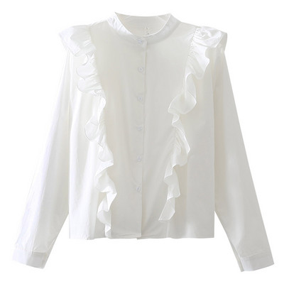 Sieviešu krekli Ielu apģērbi Šiks Vasaras Garās Piedurknes Statīvs Apkakles Topi Modes Dizaineris Sieviešu pogām Balta Blūze ar volāniem