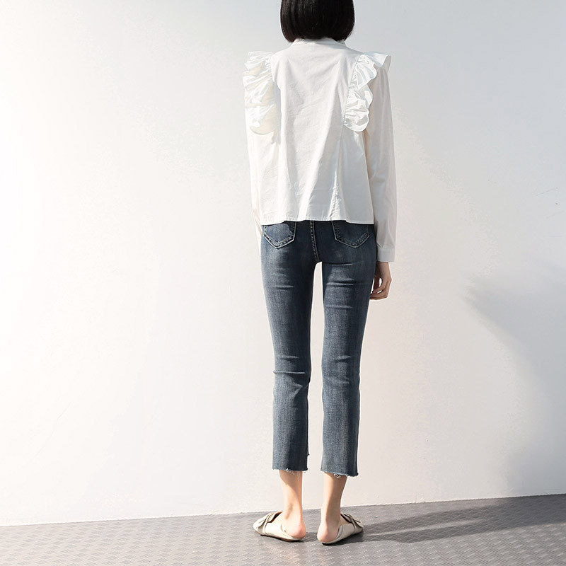 Sieviešu krekli Ielu apģērbi Šiks Vasaras Garās Piedurknes Statīvs Apkakles Topi Modes Dizaineris Sieviešu pogām Balta Blūze ar volāniem