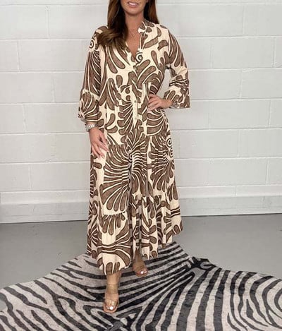 Γυναικείο μάξι φόρεμα με vintage στάμπα, καλοκαιρινό περιστασιακό γυριστό γιακά με μακρυμάνικο φόρεμα Γυναικείο πουκάμισο παραλίας Boho, γιορτινή ρόμπα