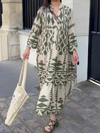 Γυναικείο μάξι φόρεμα με vintage στάμπα, καλοκαιρινό περιστασιακό γυριστό γιακά με μακρυμάνικο φόρεμα Γυναικείο πουκάμισο παραλίας Boho, γιορτινή ρόμπα