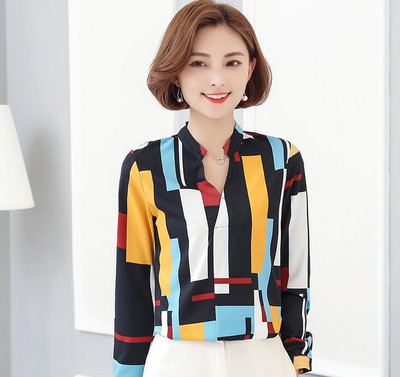 Dámska šifónová blúzka s dlhým rukávom a V-golierom, štíhla jarná jeseň, nová kórejská kockovaná košeľa, kancelárske dámske spodné oblečenie do práce, vrchné oblečenie H9032