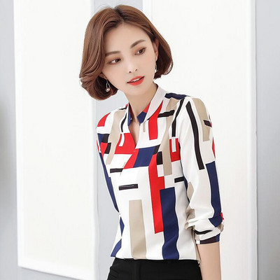 Dámska šifónová blúzka s dlhým rukávom a V-golierom, štíhla jarná jeseň, nová kórejská kockovaná košeľa, kancelárske dámske spodné oblečenie do práce, vrchné oblečenie H9032