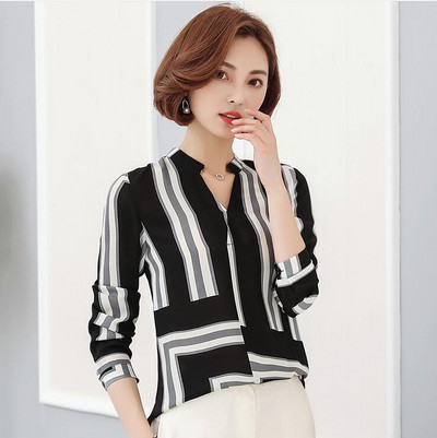 Dámska šifónová blúzka s dlhým rukávom a V-golierom, štíhla jarná jeseň, nová kórejská kockovaná košeľa, kancelárske dámske spodné oblečenie do práce, vrchné oblečenie H9032