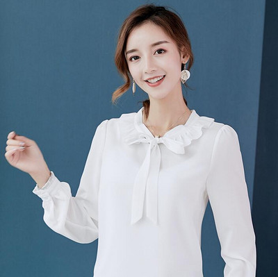 Jauns korejiešu šifons plāns krekls pavasaris vasara sieviešu modes tīras krāsas blūze sieviešu brīvā laika pavadīšanai garām piedurknēm topi krekli H9104