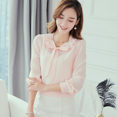 Jauns korejiešu šifons plāns krekls pavasaris vasara sieviešu modes tīras krāsas blūze sieviešu brīvā laika pavadīšanai garām piedurknēm topi krekli H9104