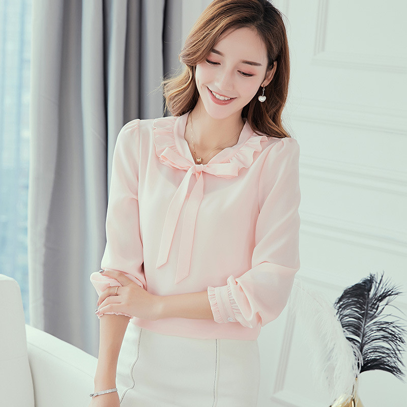 Jauns korejiešu šifons plāns krekls pavasaris vasara sieviešu modes tīras krāsas blūze sieviešu brīvā laika pavadīšanai garām piedurknēm topi krekli H9104