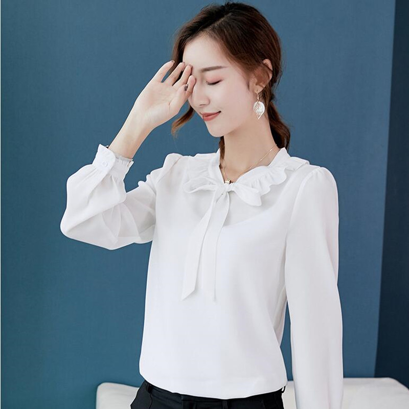 Jauns korejiešu šifons plāns krekls pavasaris vasara sieviešu modes tīras krāsas blūze sieviešu brīvā laika pavadīšanai garām piedurknēm topi krekli H9104