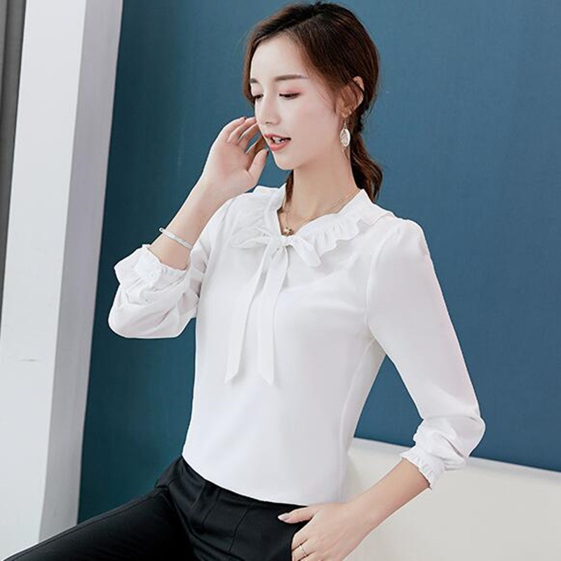 Jauns korejiešu šifons plāns krekls pavasaris vasara sieviešu modes tīras krāsas blūze sieviešu brīvā laika pavadīšanai garām piedurknēm topi krekli H9104