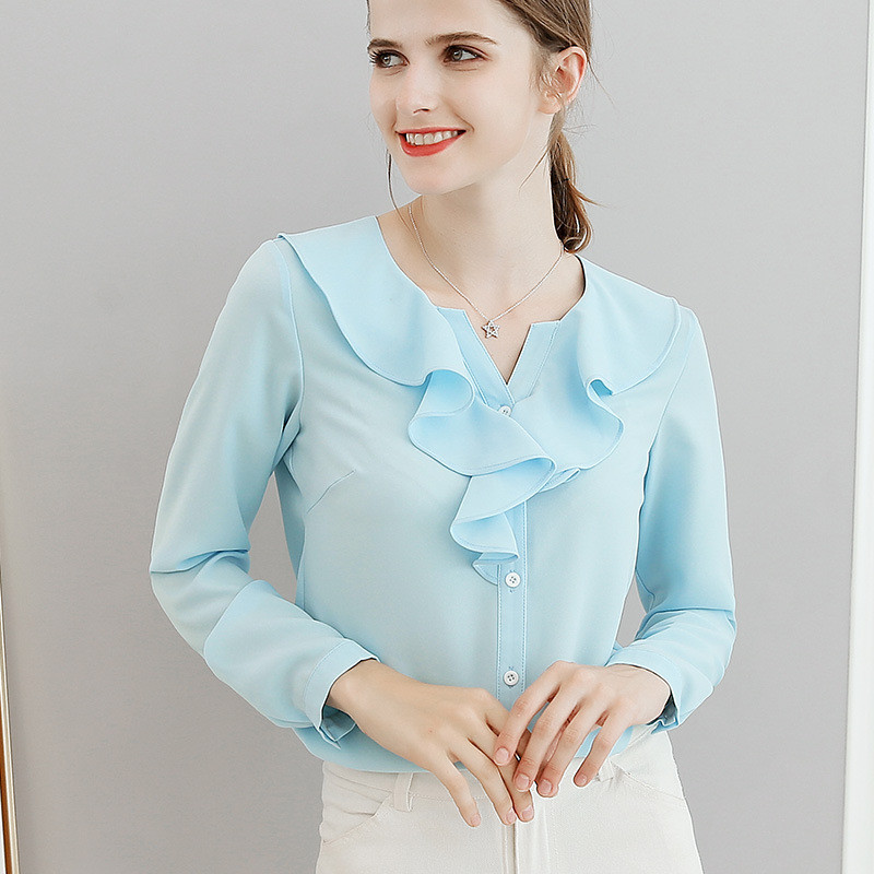 Proljeće ljeto Ženska košulja od šifona Uredska ženska čista boja Tanka ležerna bluza s dugim rukavima Ženska nova korejska modna majica H9078