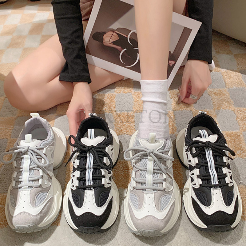 2023 Horúci výpredaj Dámske tenisky na platforme, sieťované, jednofarebné, priedušné, šnurovacie, okrúhla špička, hrubá podrážka, dámske topánky, ručne vyrobené