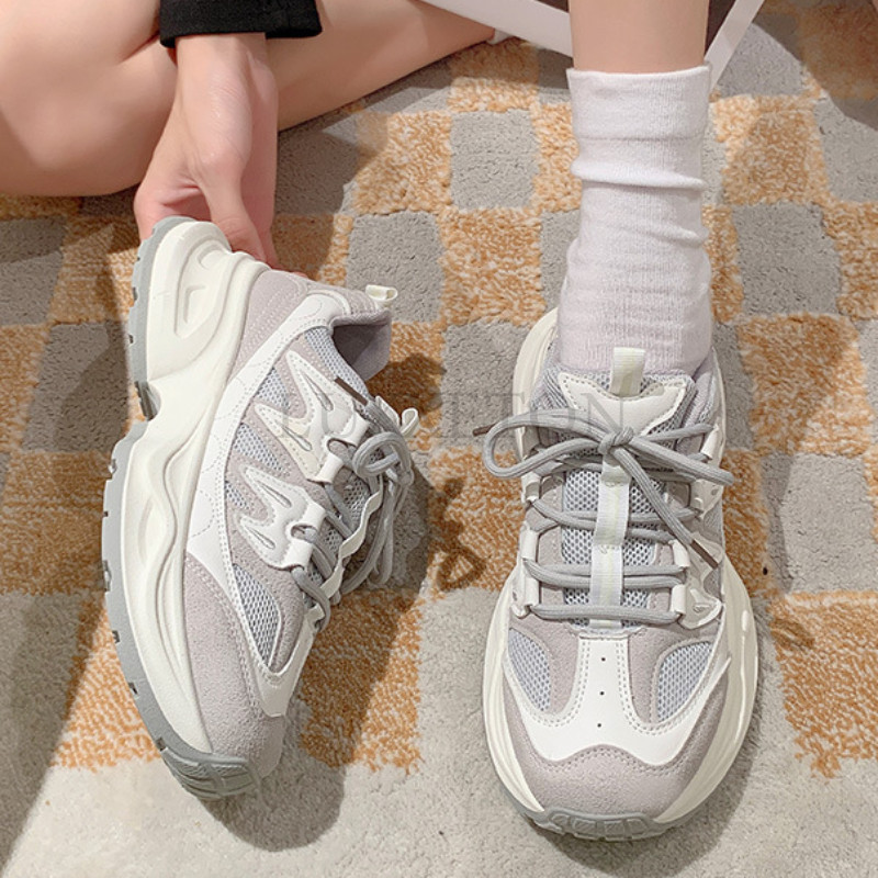 2023 Horúci výpredaj Dámske tenisky na platforme, sieťované, jednofarebné, priedušné, šnurovacie, okrúhla špička, hrubá podrážka, dámske topánky, ručne vyrobené