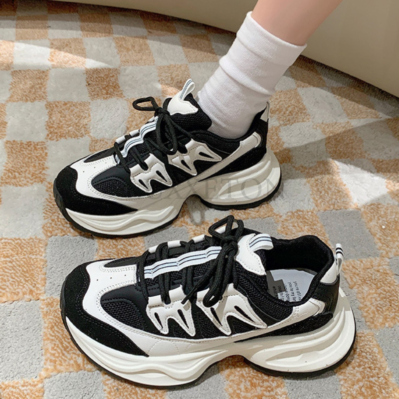 2023 Horúci výpredaj Dámske tenisky na platforme, sieťované, jednofarebné, priedušné, šnurovacie, okrúhla špička, hrubá podrážka, dámske topánky, ručne vyrobené