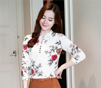 Ženske šifonske bluze Proljeće Jesen Široke majice dugih rukava V ovratnik Odjeća Ženski print Nove slatke ležerne modne majice H9042