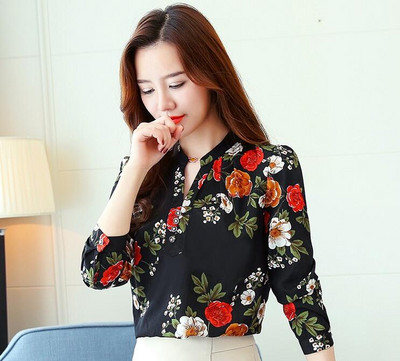 Ženske šifonske bluze Proljeće Jesen Široke majice dugih rukava V ovratnik Odjeća Ženski print Nove slatke ležerne modne majice H9042