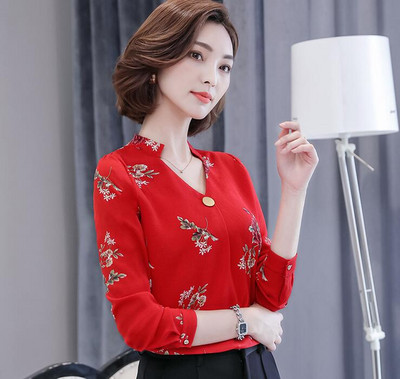 Košulja od šifona s proljetnim printom, ženske, dugih rukava, velike veličine, V ovratnik, uredske ženske radne majice, ženske modne ležerne bluze H9052